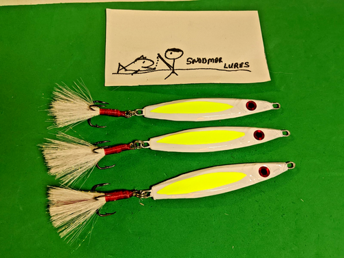 3 - 2 oz FLUTTER SPOONS FISHING LURE JIG JIGGING LEAD SLAB WHITE CHARTREUSE v1 - Picture 4 of 6