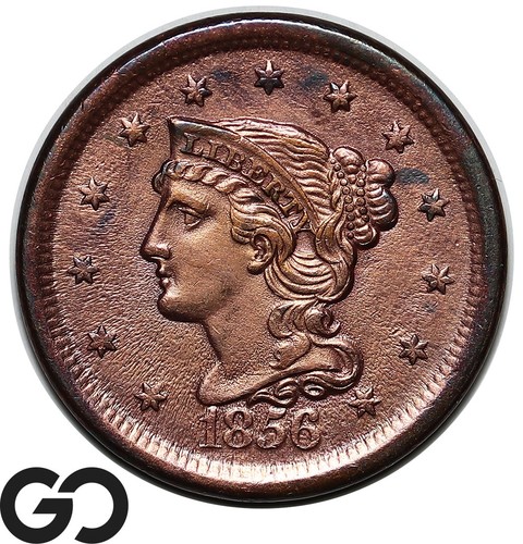 1856 Large Cent, Braided Hair, Slanted 5 - Picture 1 of 3