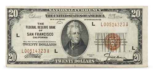 Moneda Nacional de $20 Banco de la Reserva Federal de San Francisco serie de 1929
