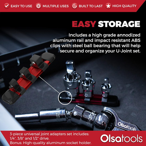 Olsa Tools Kreuzgelenk-Set - 3-teilig 1/2", 3/8" & 1/4" Antrieb - drehbares U-Gelenk So - Bild 5 von 12