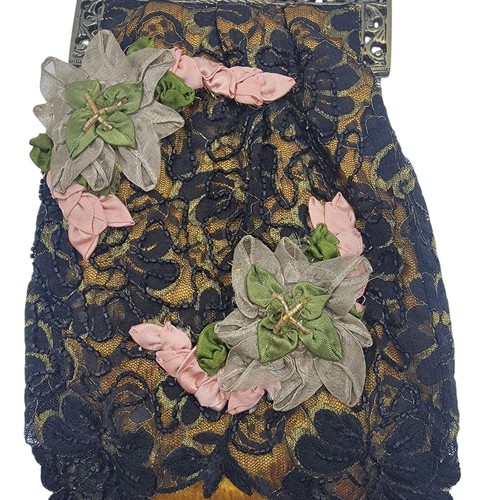 Borsa vintage floreale pizzo nero con manico in metallo ornato decorazione nastro - Foto 3 di 10