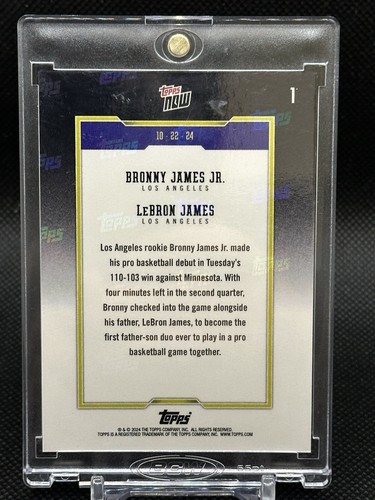 Tarjeta de baloncesto debut LeBron James/Bronny James 2024-25 Topps Now padre/hijo - Imagen 2 de 3