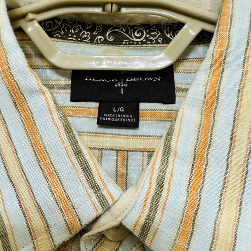 Black Brown 1826 100% Linen Button Up Shirt Mens Large Green Stripe Long Sleeve - Picture 3 of 15