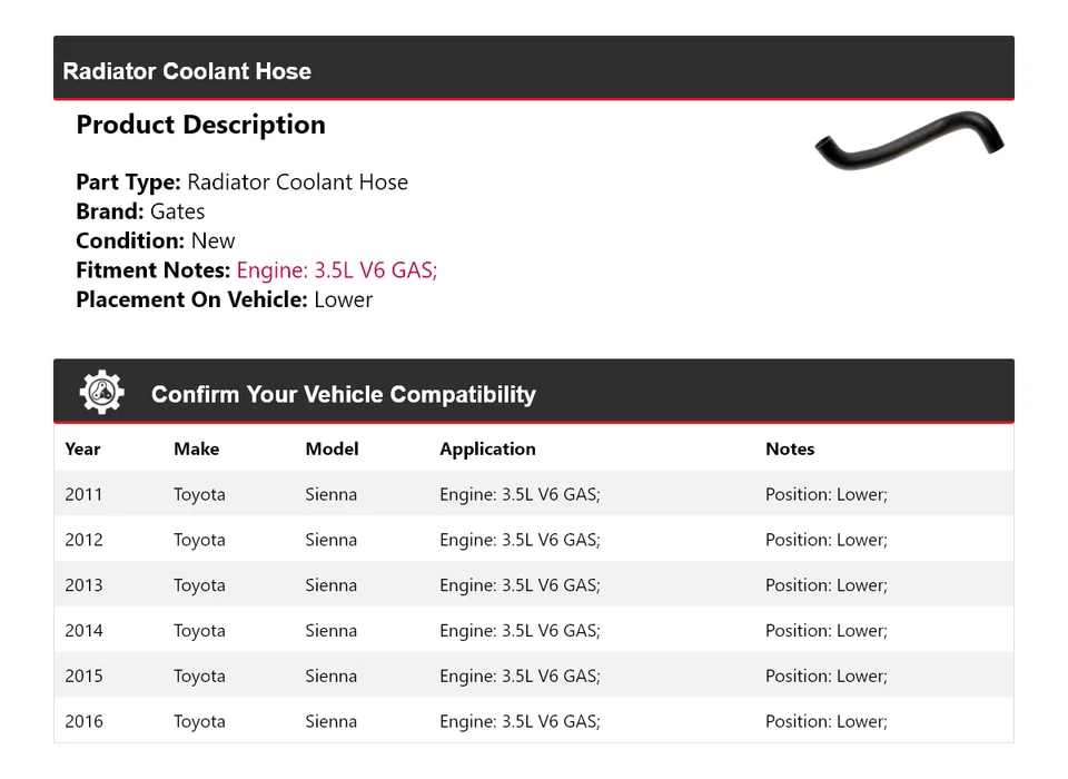 Для 2011-2016 Toyota Sienna 3,5 л V6 газовый радиатор охлаждающая жидкость шланг нижние ворота 2012 - Изображение 2 из 4
