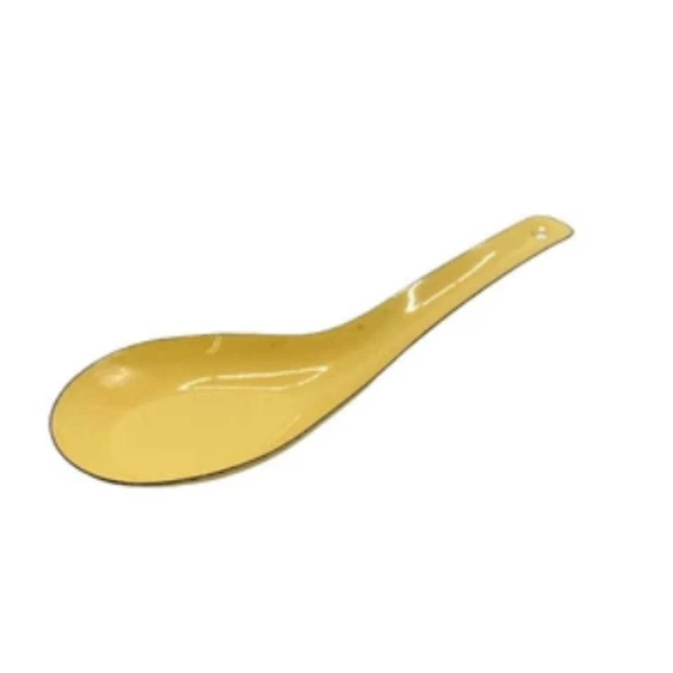 Dinnerware Plates Spoon Vintage Yellow  Enamelware Metal Dinner Blue Rim x 6 - Image 3 of 4