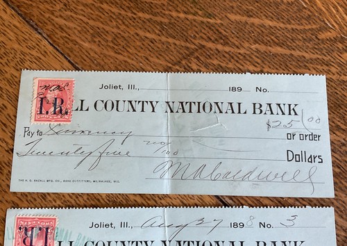4 Receipts 1898 Will County Natl Bank Joliet Il US Revenue Documentary Stamps 2c - Picture 2 of 5