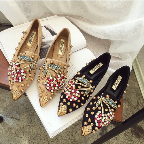 Cherry Rhinestone Studded Beads Pointed Toe Flats Bling Comfy Soft Walking Shoes - Picture 6 of 31