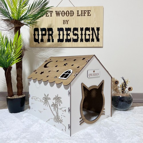 Large Cat House Indoor,Wooden Cat Bed with Star Roof & Palm Tree Design - Picture 2 of 11