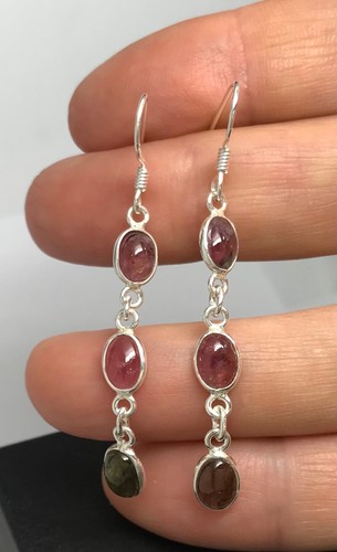 Multicolour tourmaline drop earrings, Solid Sterling Silver, triple. Pink, green - Picture 5 of 8