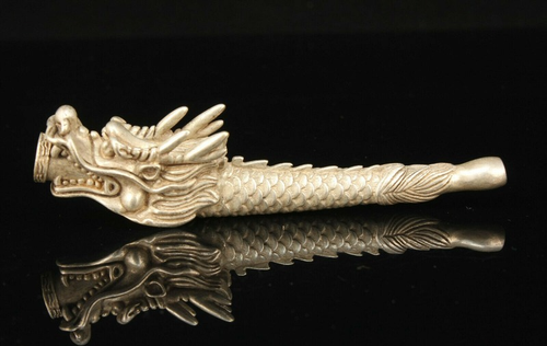China Collectible Hand-carved Dragon Head Retro Tibetan Silver Tobacco Pipe - Picture 1 of 4