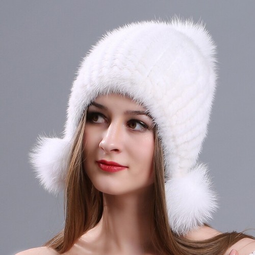 Invierno Mujeres Gorro Sombrero Piel Visón Tejido Gorra Con Orejeras Piel Pom Moda - Imagen 18 de 26