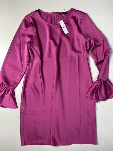 J Crew Pink Shift Dress Sz 4 Ruffle Long Sleeve Crew Neck Satin Crepe Sz 6 NEW - Picture 5 of 7