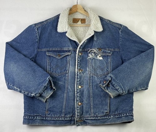 Vintage Wrangler Made In USA Sherpa Denim Jean Jacket Distressed Thrashed Sz XL - Bild 1 von 18