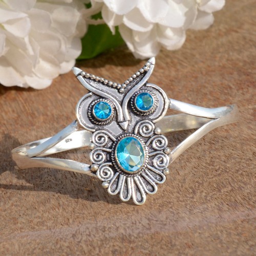 London Blue Topaz Gemstone 925 Sterling Silver Cuff Owl Bangle New Collection - Picture 5 of 9