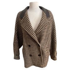 VTG 80s Fashions By Jill Tan Neutral Browns Checkered Wool Coat Womens Sz Large