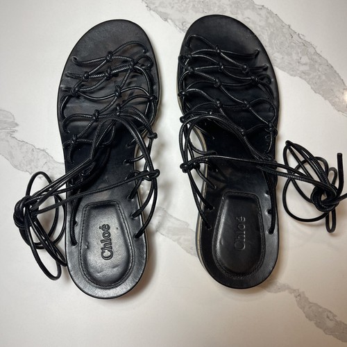 Chloe Sandals Womens Leather Strappy Slingbacks Wedge Black Size 40 9 Gladiator - Picture 6 of 9