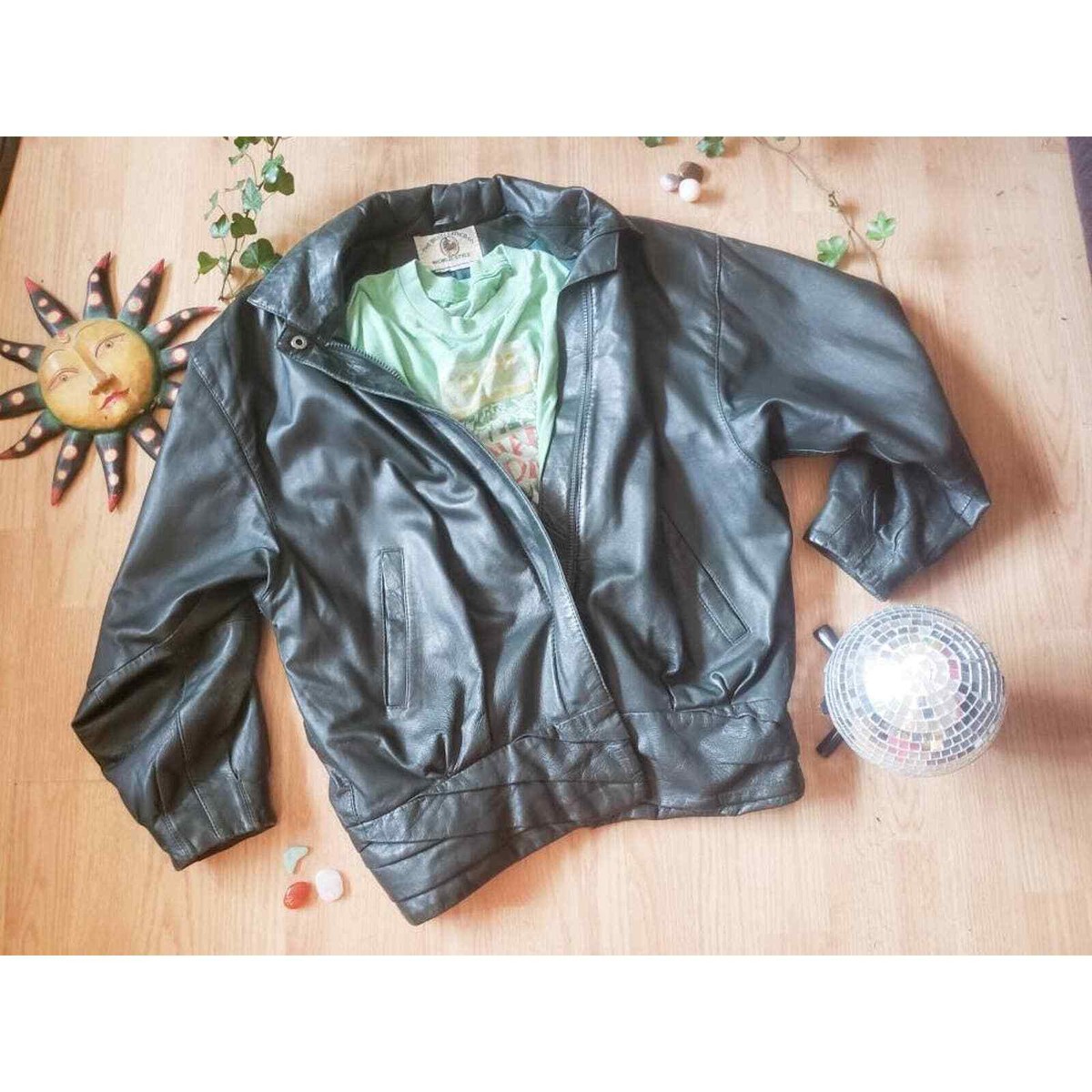ジャケット・アウター 80-90's old tailored jacket 2b green 90s Vintage Green Leather Jacket Zig Zag Hem oversize 80s
