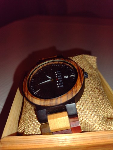La Sigma Men's Wood Watch Multi Tone Brown Round Black Face Calendar NIB - Picture 1 of 14