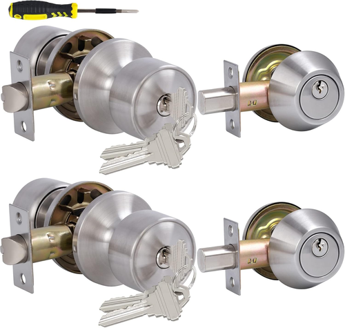 2 Sets Keyed Alike Entry Door Knobs and Single Cylinder Deadbolt Lock Combo Set