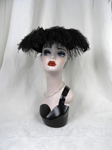 Vtg Black Velvet Ostrich Hat Dayire Orig NY 1930's Avant Garde One Size Fits - Picture 6 of 11
