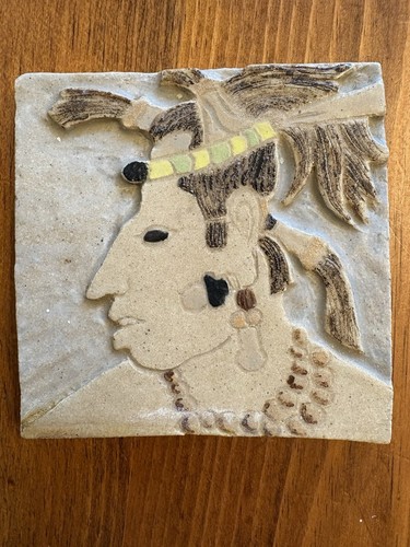 Vintage Mayan Aztec Warrior King Stone Tile Art 4 1/4” Square