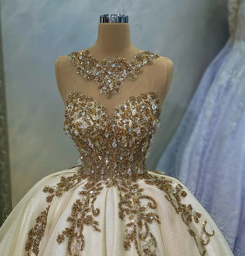 Luxury Champagne Beaded Wedding Dresses Jewels Sequins Crystal A Line Bridal - Picture 3 of 10