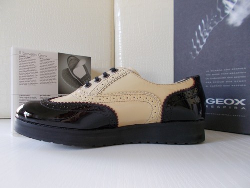 Geox D Eletta scarpe derby donna platform vernice beige/nero brogue Eu-36 €130 - Foto 3 di 12