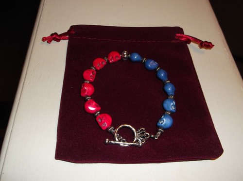 MEN/WOMEN 8 3/4" 8 MM PINK/BLUE TURQUOISE SKULL HEAD BEADED BRACELET - Bild 6 von 8