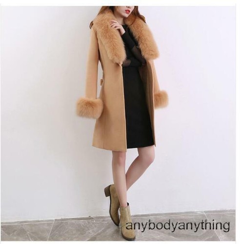 Women's Winter Faux Fur Collar Blend Long Cashmere Jacket Soft Warm Furry Coat - Picture 24 of 27