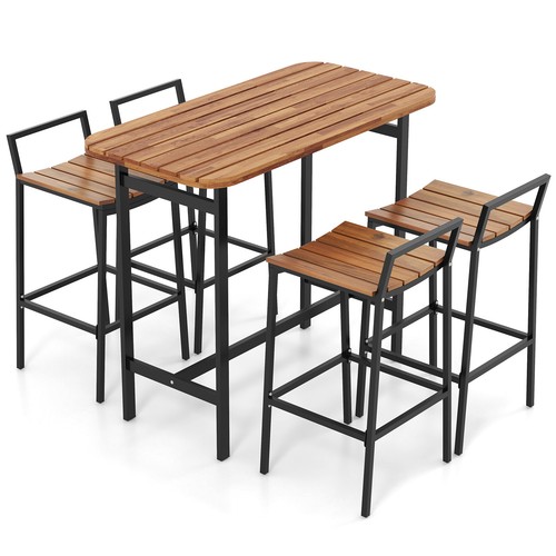 5 PCS Acacia Wood Bar Table Set Outdoor Bar Height Table & Chairs w/ Metal Frame