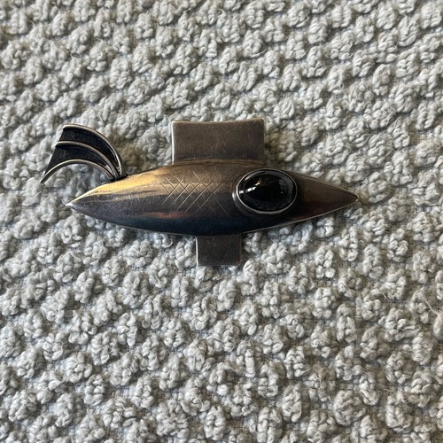 Franz Bergmann Sterling Obsidian Brooch Pin Modernist Mid-Century Fish MCM FB - Picture 4 of 8