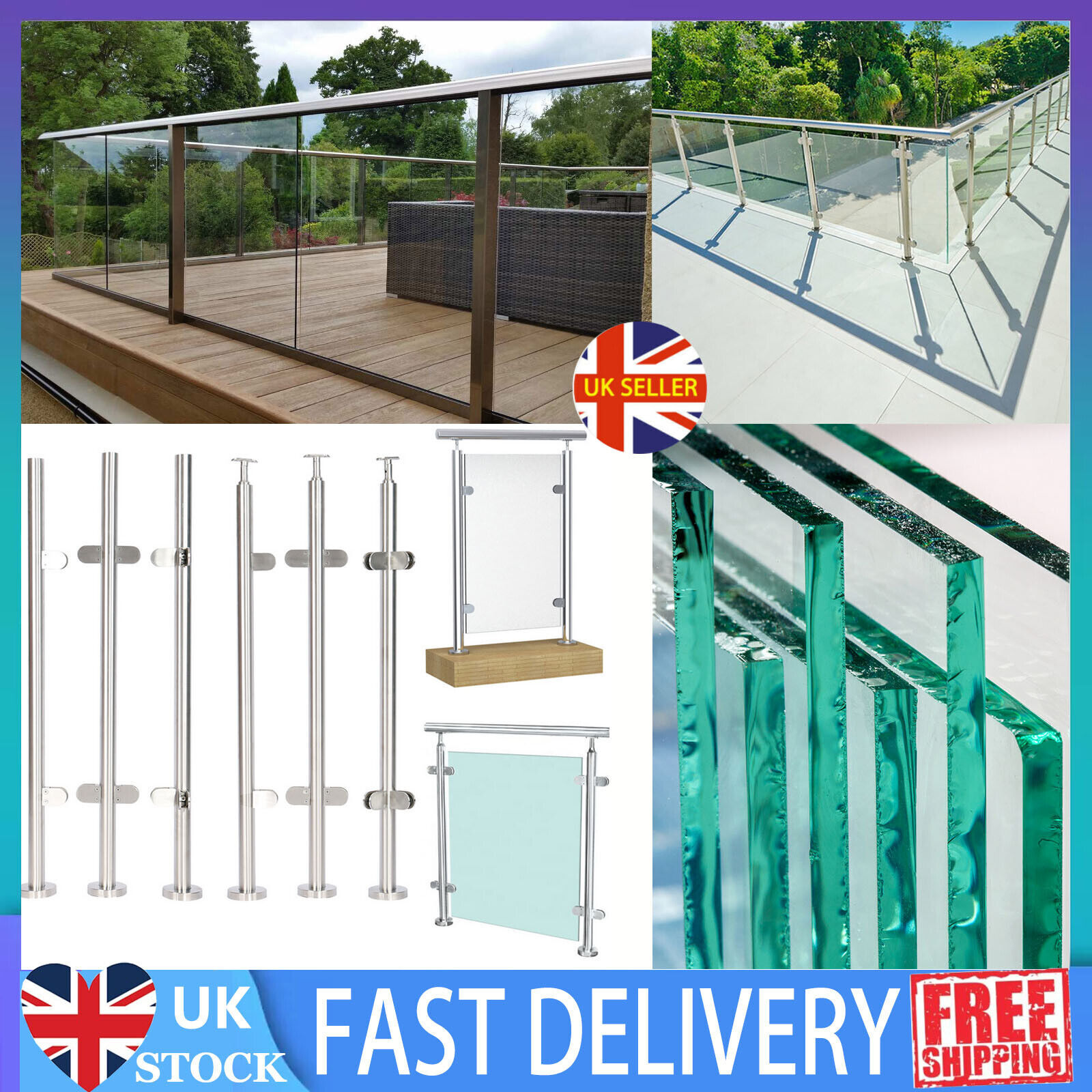 Balustrade Glass Panels 10mm Thick & Stainless Steel Posts Deckings Railing Pole