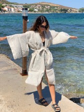 Simpuna Linen Japanese Style Kimono in Beige and Ivory Stripe with Belt