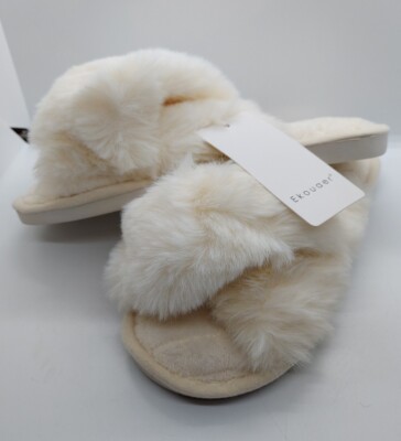 Ekouaer Women's Fuzzy Faux Fur Slippers House Slippers Cross