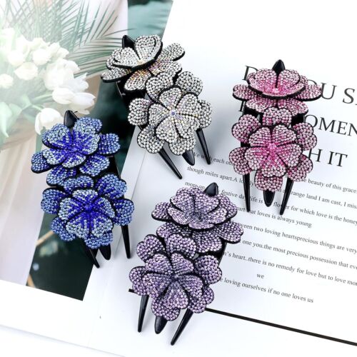 4 Pieces Fancy Sparkly Rhinestone Double Flower Hair Clips Barrettes with - Picture 7 of 8