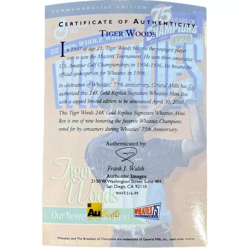 1999 75th Wheaties Collectibles 24K Gold Signature Mini Cereal Box Tiger Woods - Bild 9 von 9