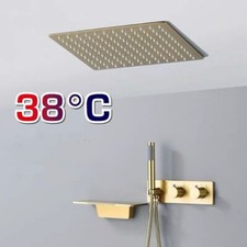 Brushed Gold Thermostatic Shower Tap Handshower Sqaure 12"Rain Shower Set Faucet
