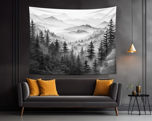 Misty Forest Tapestry Nature Mountain Tapestry Wall Hanging Watercolor Landscape