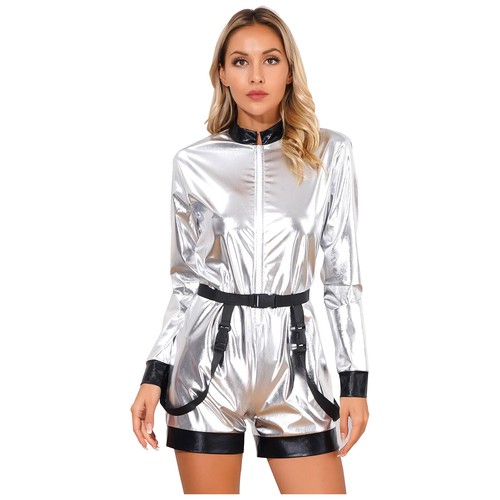 Women Jumpsuit Stage Performance Bodysuit Mock Neck Astronaut Costume Flight - Picture 4 of 30