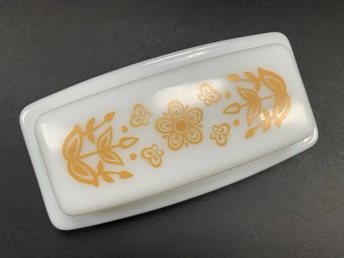 Vintage Pyrex Butterfly Gold Butter Dish With Lid White Milk Glass Made In USA