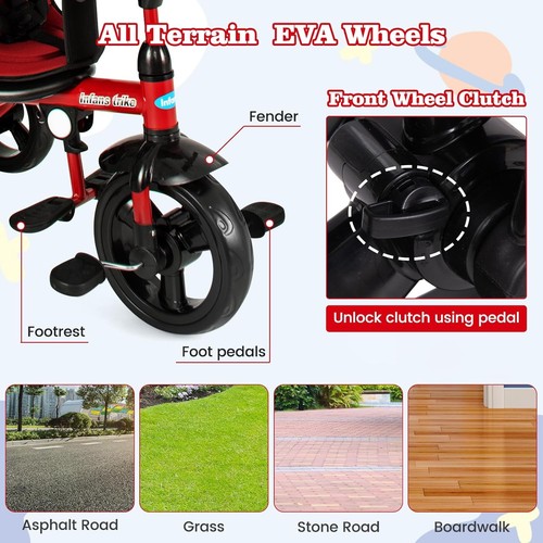 Safety-First 6-in-1 Kids Tricycle with Removable Canopy and Storage Basket - Red - Picture 7 of 11