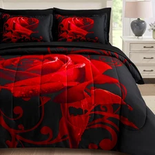 Red Comforter Set Queen, Reversible Red Rose 7 Pieces Bed in a Bag, Lightweight