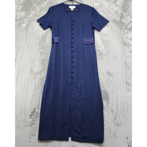 Vintage 80s Sophia Rose Dress Size 16 Blue Short Sleeve Button Down Midi Sheath