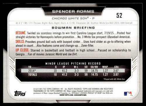 2015 Bowman Draft Picks & Prospects Spencer Adams Chicago White Sox #52 - Picture 2 of 2
