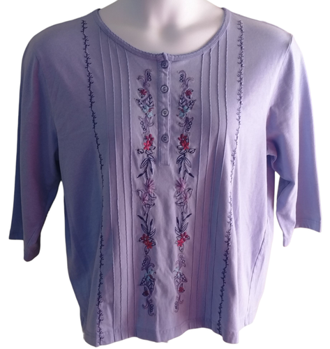 Shenanigans XL Henley Top 3/4 Slv. Floral Embroidery Pintuck Periwinkle 1990's - Picture 14 of 14