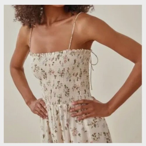 Neu mit Etikett Reformation Sable gesmoktes Midikleid mit Schulterbindung Carine Blumenmuster cremefarben XL - Bild 3 von 5