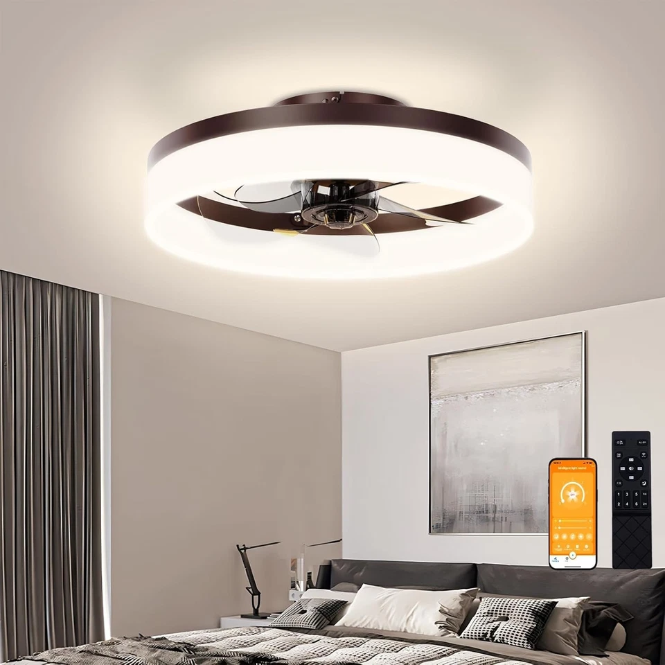 Stylish 15.7in Brown Flush Mount Fandelier with Remote - Quiet Dimmable Lighting - Image 3 of 4