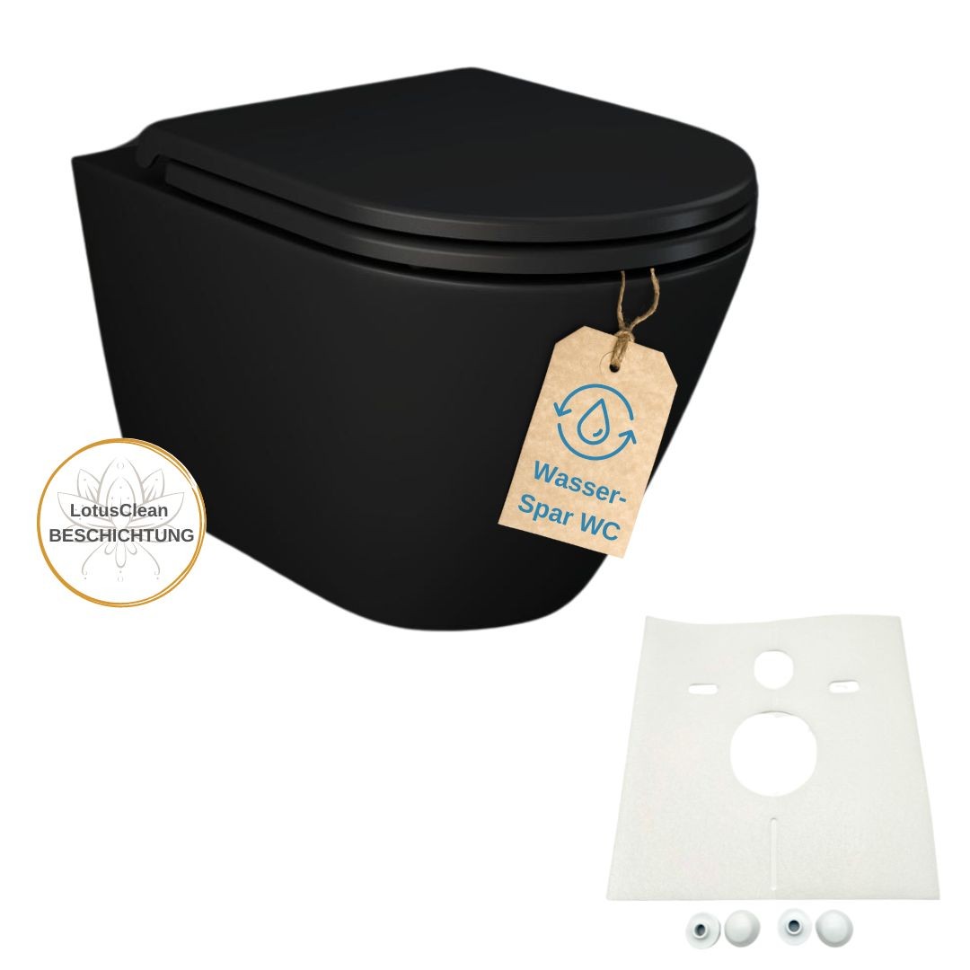 NERO Wand-Tiefspül-WC spülrandlos schwarz matt inkl. WC Sitz und Schallschutzset