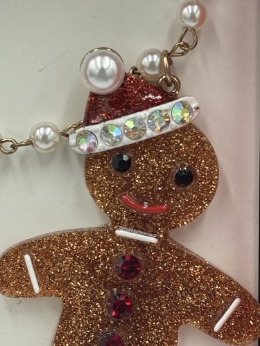 New BETSEY Johnson Gingerbread Man Glitter Holiday Pendant Rhinestone Necklace - Picture 4 of 11