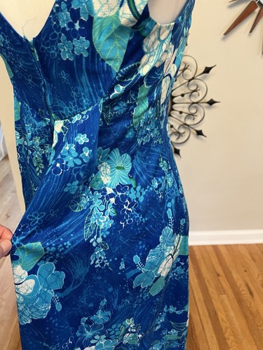 VTG Haleaka Fashion XS/S Hawaiian Maxi Dress Draped Back Blue Tropical Tiki - Picture 6 of 15